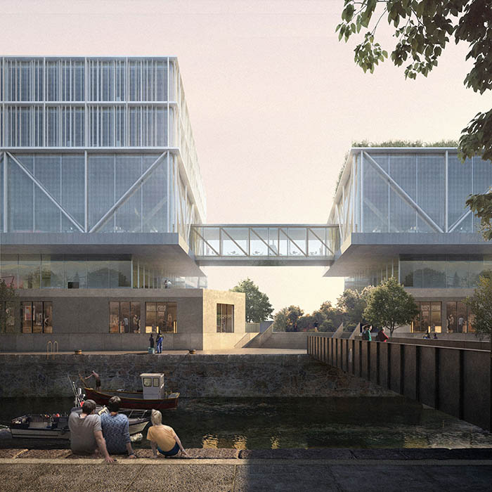 Rendering of two story glass buildings connected with a glass walkway. Three males viewing the buildings from the ground level.