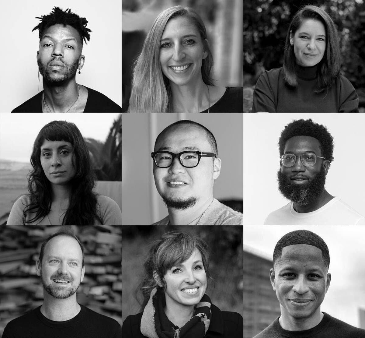 Nine squares with black and white headshots of the 2023 Loeb Fellows.