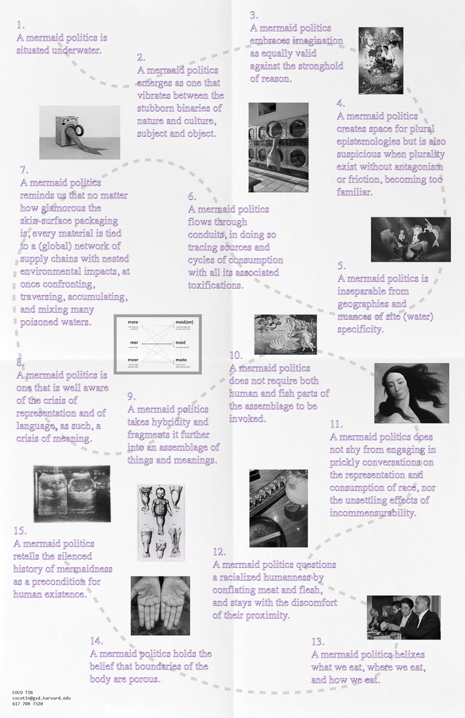 Digital mock up of fold out pamphlet with purple text and black and white images.