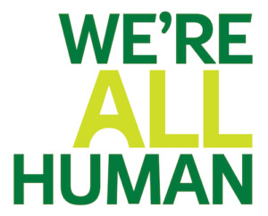 Green and yellow logo for We're All Human campaign.