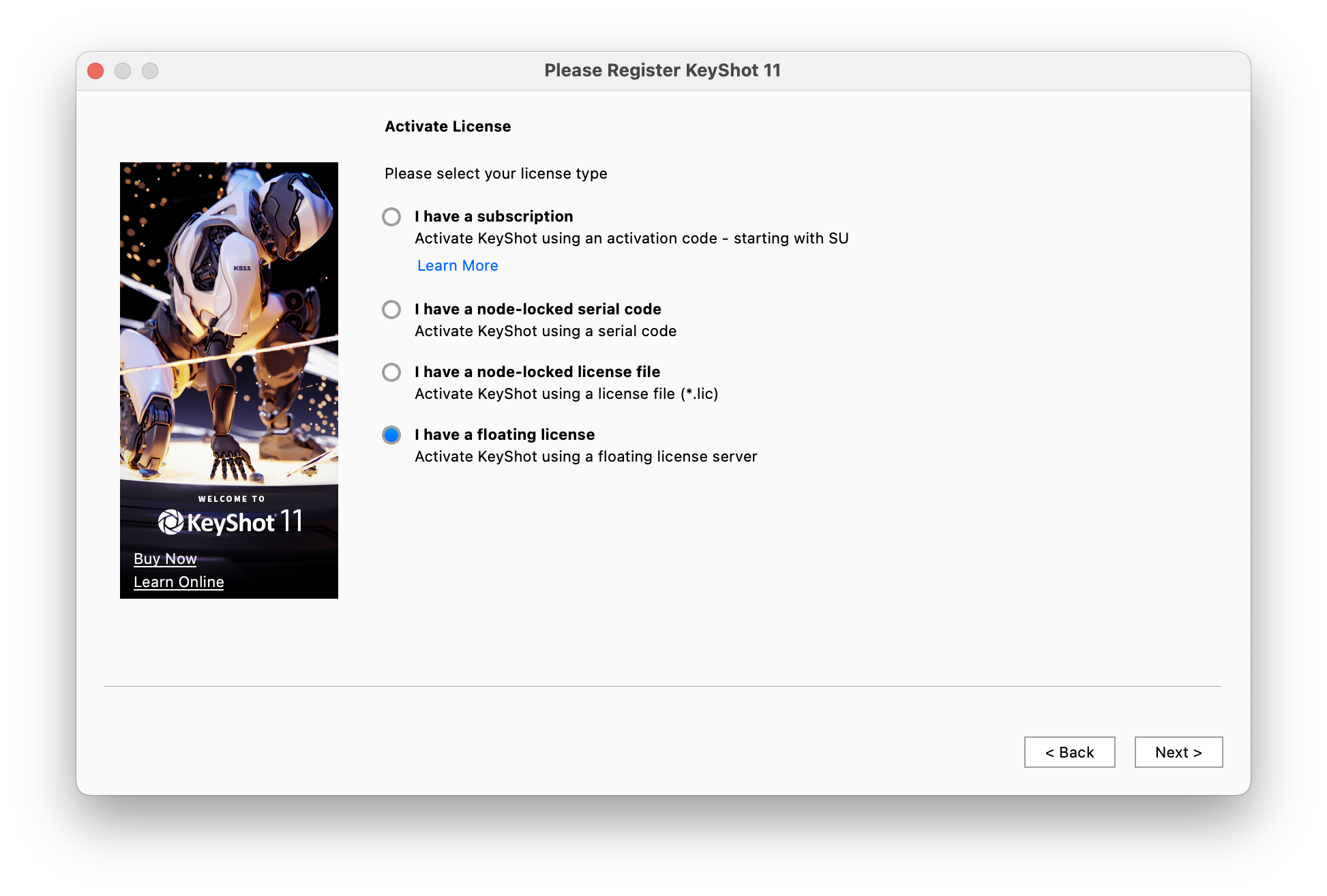 Key Shot - Choose I Have a Floating License