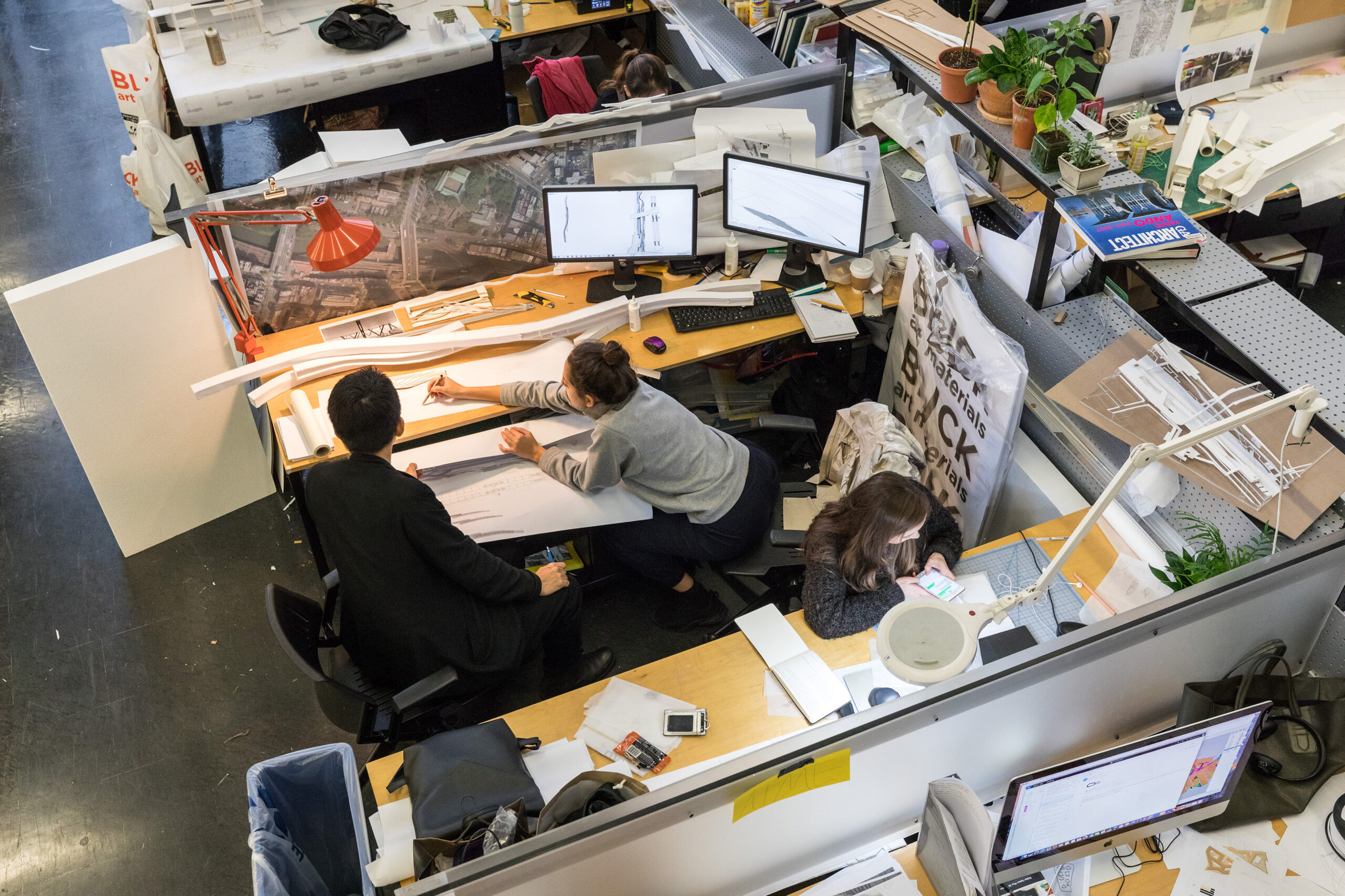 Aerial view of the GSD trays during a desk critique