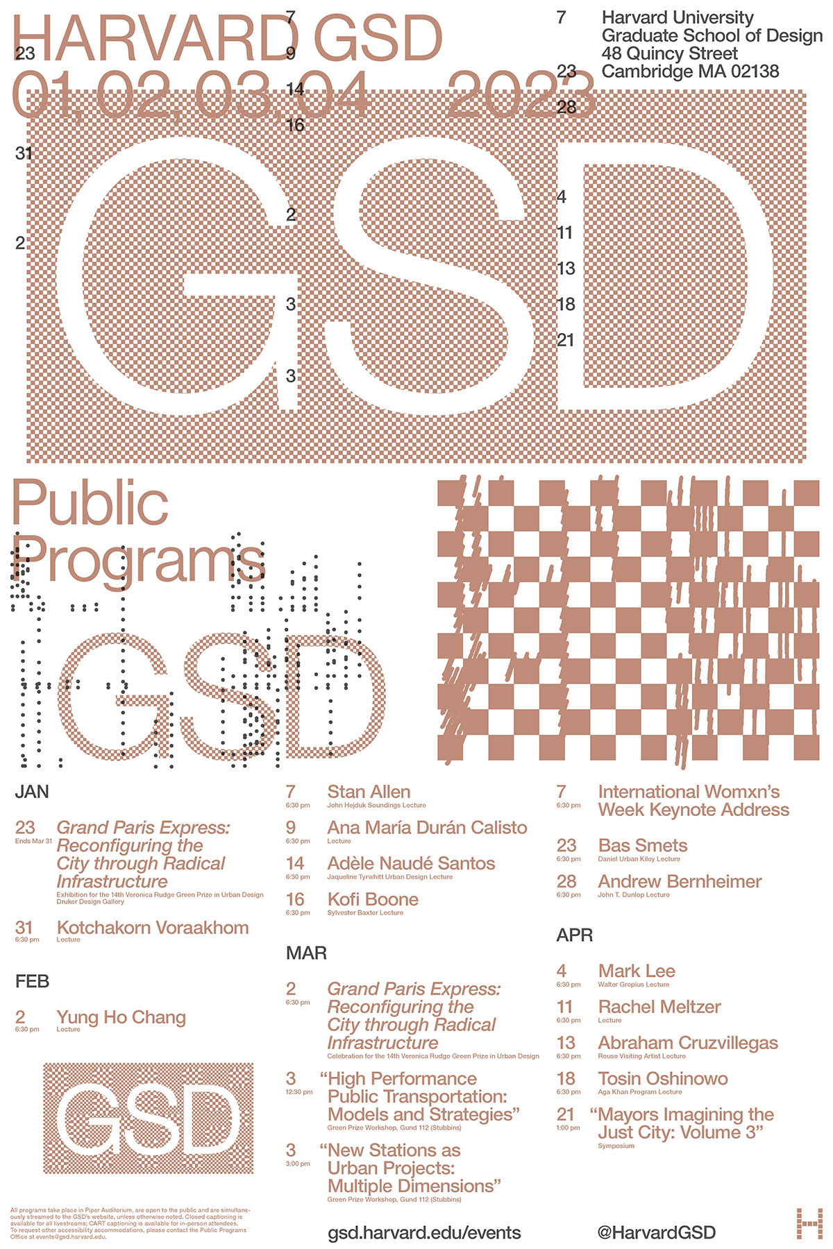 White, gray, and copper spring public programs poster.