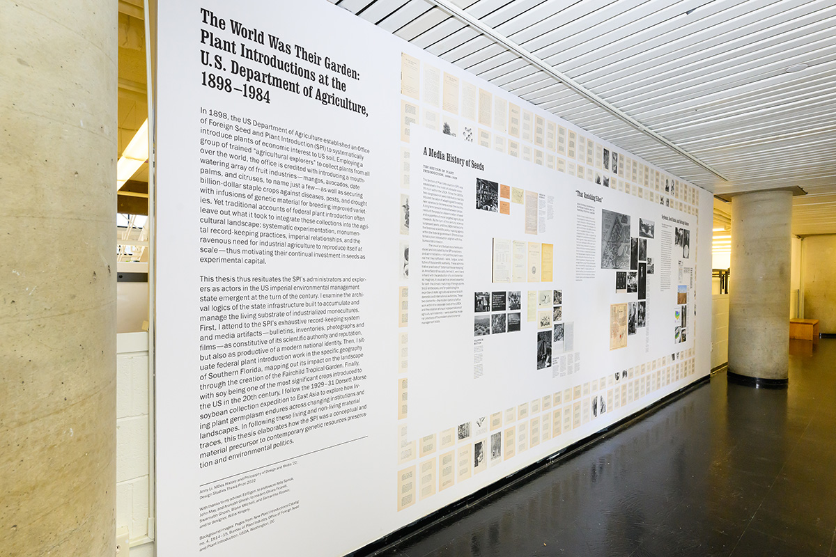 A view of the exhibit on the wall in Gund Hall.