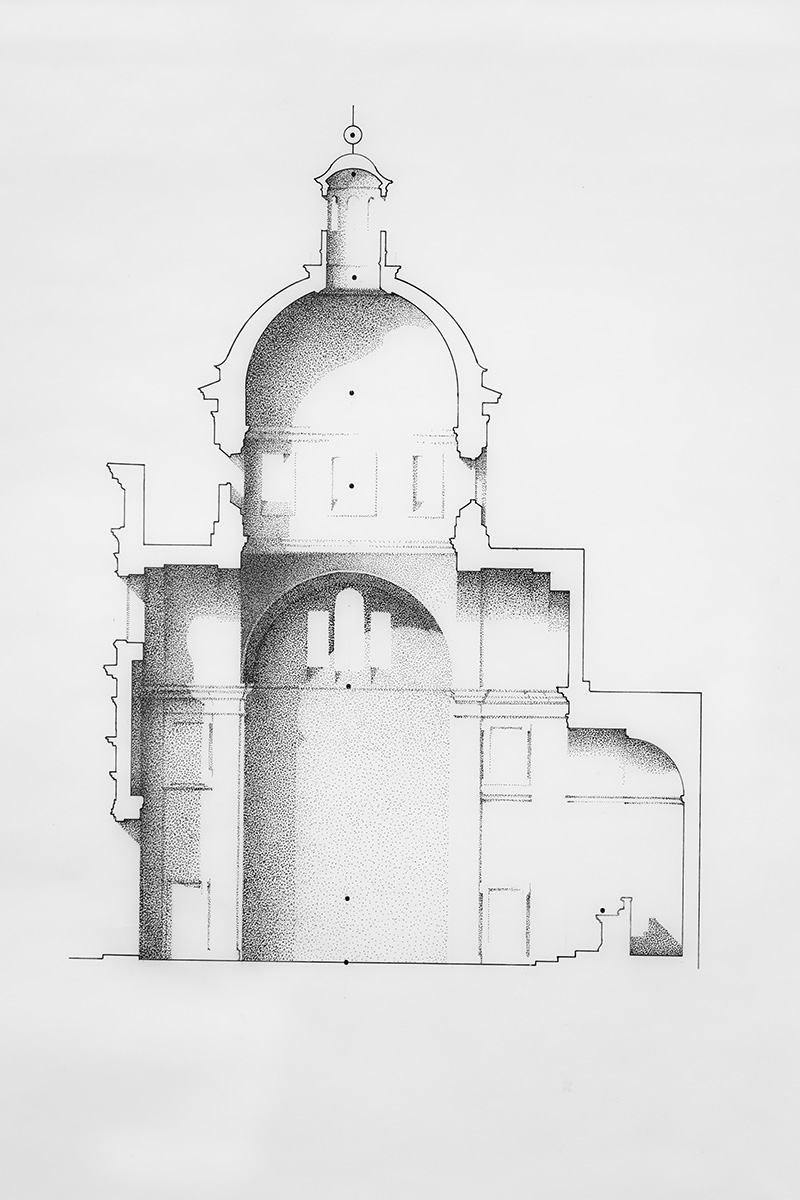Architectural drawing of a domed building section.