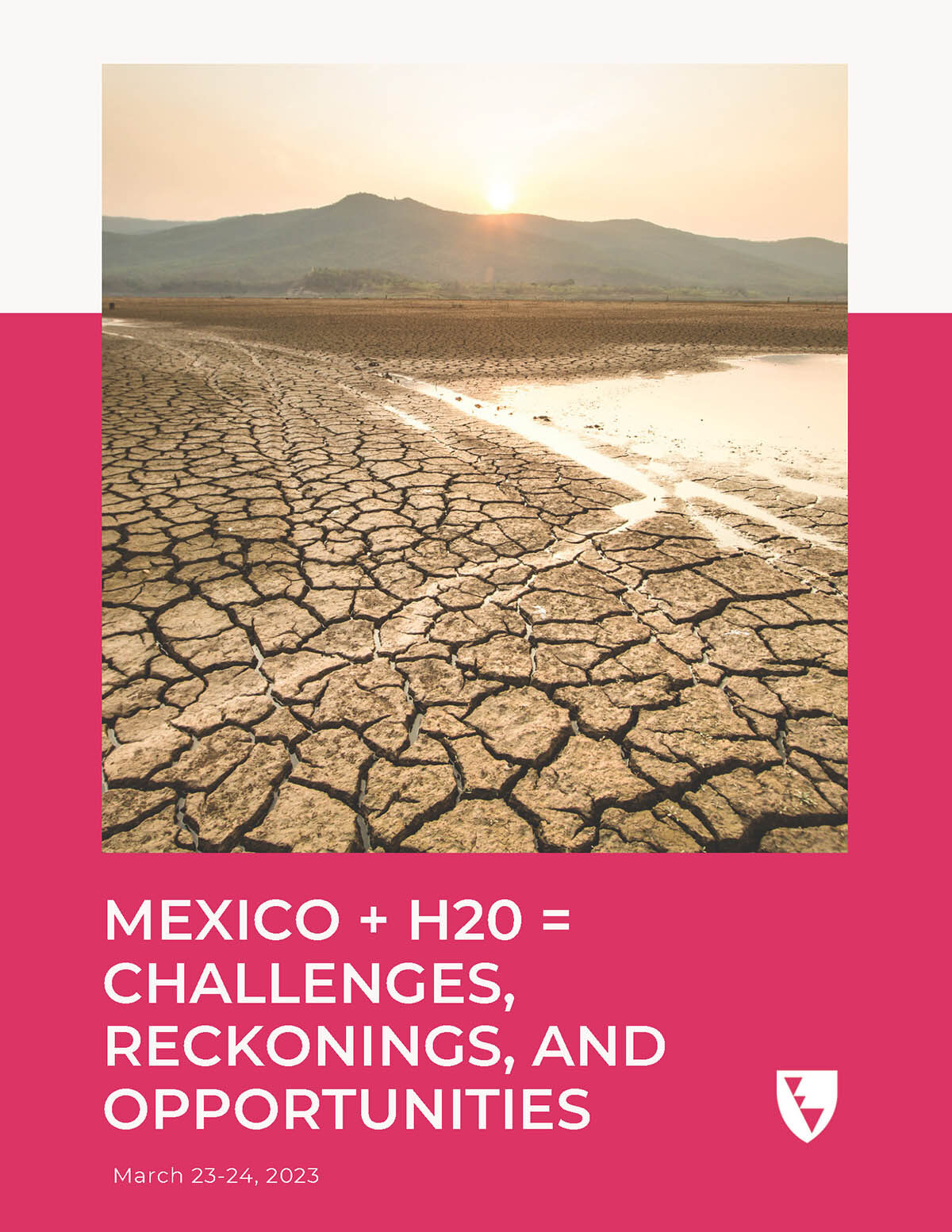 Photograph of cracked dirt landscape with mountains in the distance. Text on a pink background reads