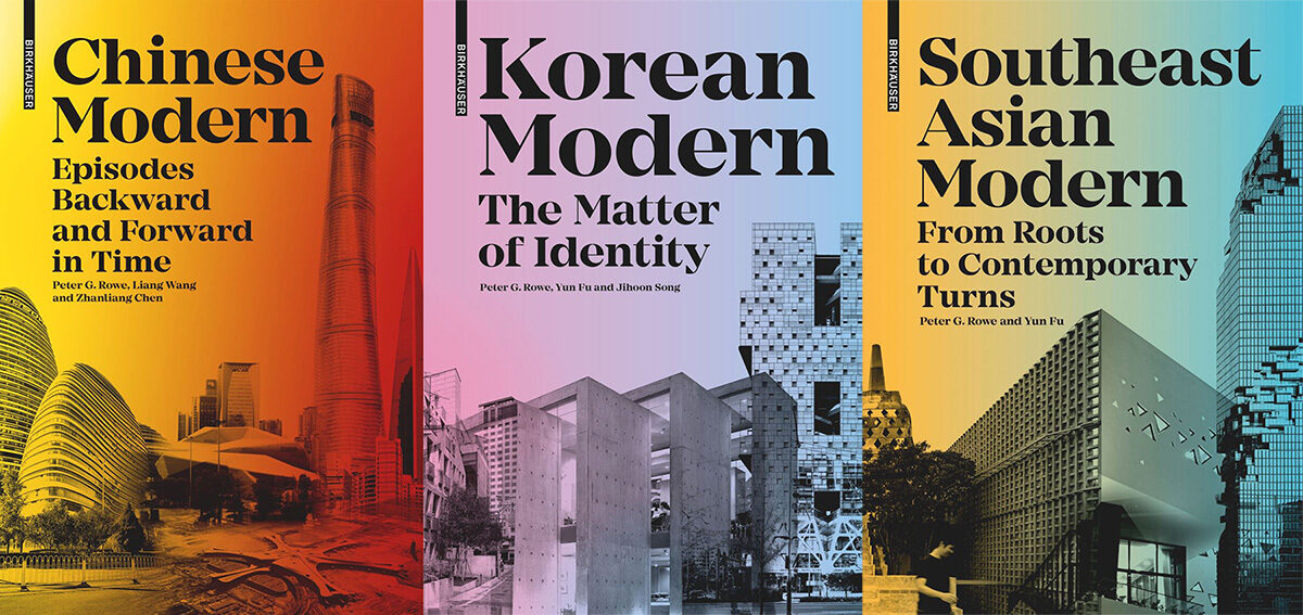 Three book covers showing modern architecture with the titles 