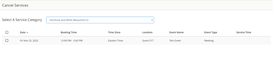 A dropdown menu of services categories and a list of bookings for which all services can be cancelled in an event.