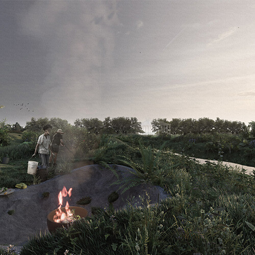 A rendering of a lush landscape with children walking and a fire in the foreground.
