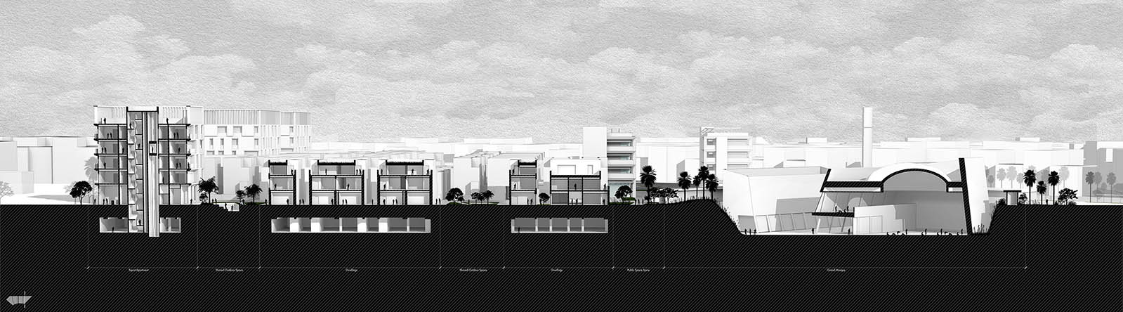 A black and white rendering showing a cross section cutting through residential townships and the Grand Mosque.