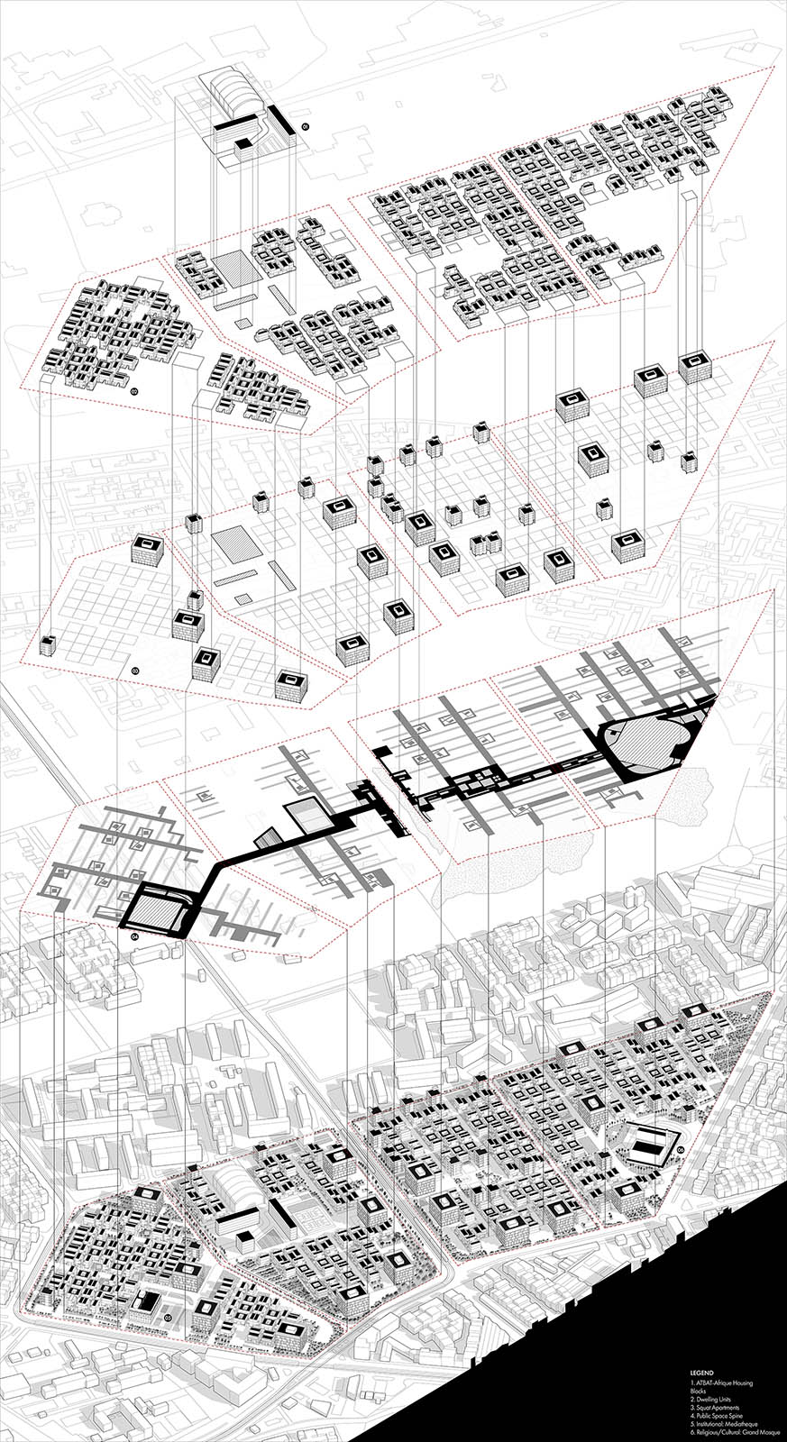 A black and white graphic showing different layers of the project. On top we see public space corridor, the next layer shows squat apartments in a form of boxes, below we see residential layer with a grid of lines and the bottom layer shows existing slabs.