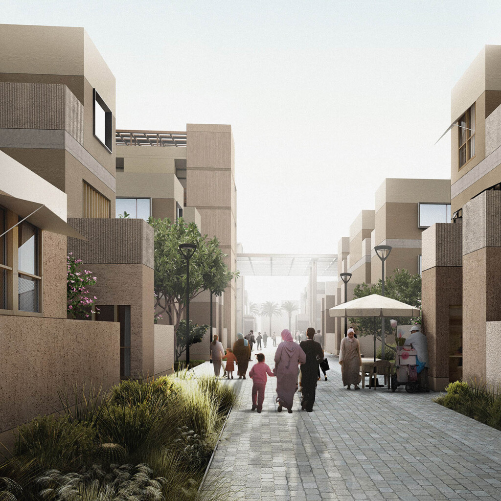 A rendering of a residential streetscape. Two women with a child are walking away from the viewer towards a covered marketplace in the distance.