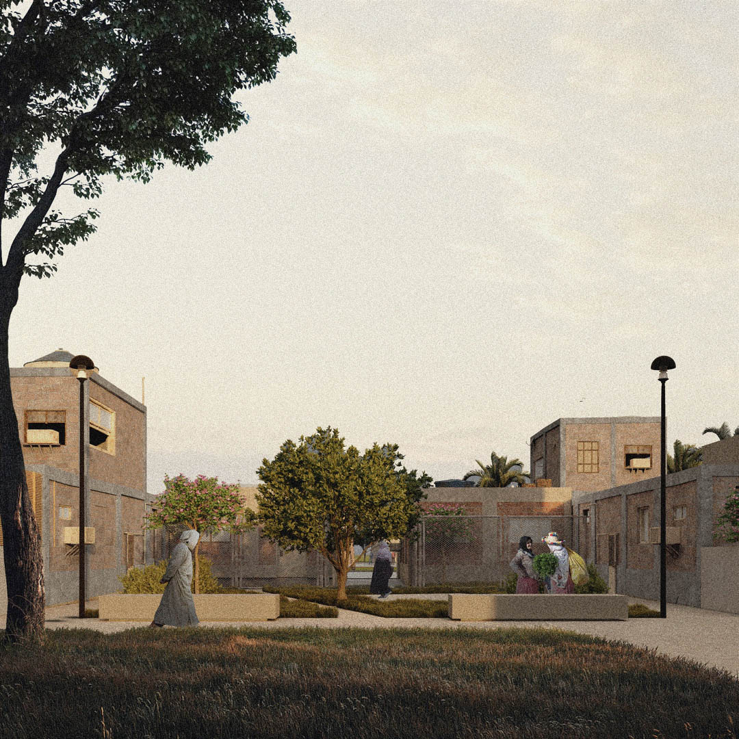 A rendering of a residential area with a person walking from the left to the right side while two women are having a conversation on the right.