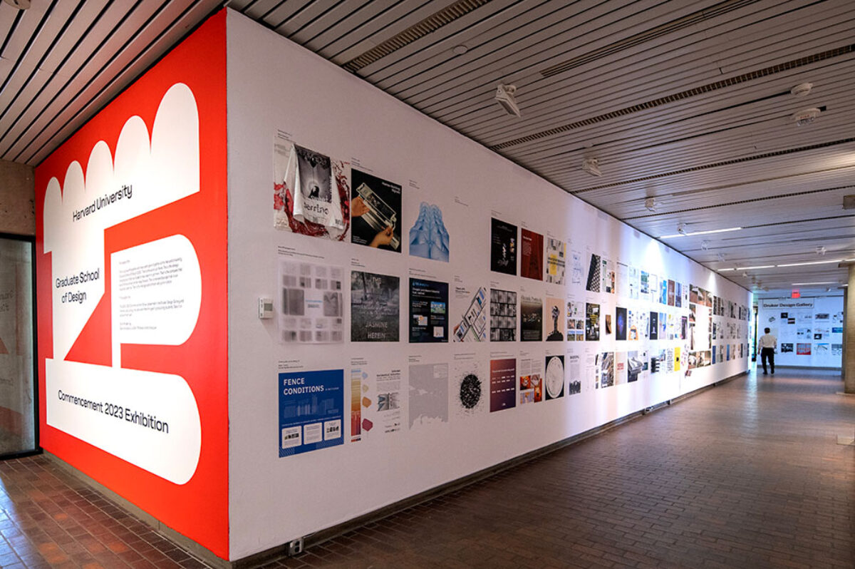 An installation view of the Commencement 2023 Exhibition at Harvard Graduate School of Design