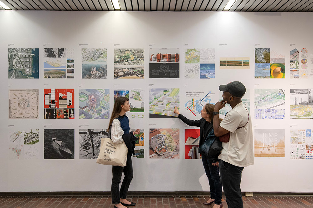 An installation view of the Commencement 2023 Exhibition at Harvard Graduate School of Design