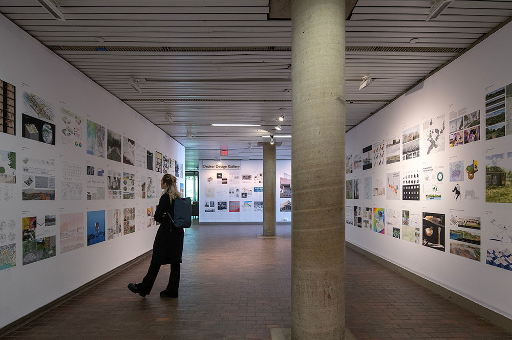 An installation view of the Commencement 2023 Exhibition at Harvard Graduate School of Design