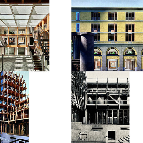 A collage of building interiors and exteriors.