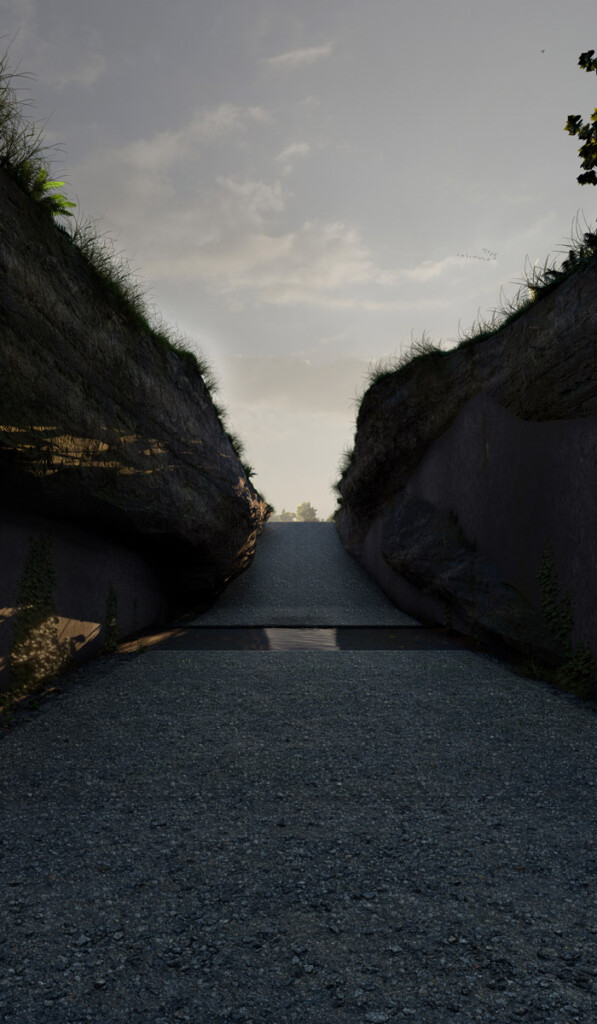 A filled ditch with high banks on either side.