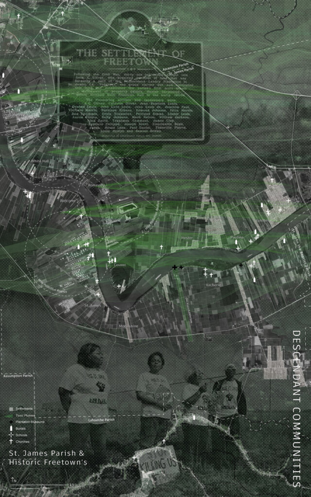 A regional map of St. James Parish along the Mississippi River. The map highlights petrochemical industries, Freetown's descendant communities, plantation tourism sites, and toxic particulate matter with a westerly wind.