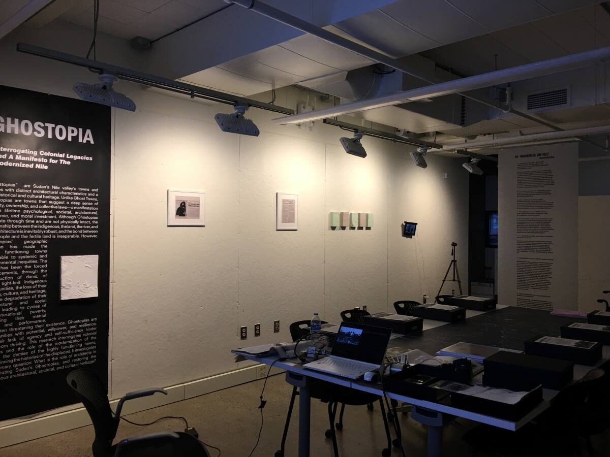 A dimly lit room displays