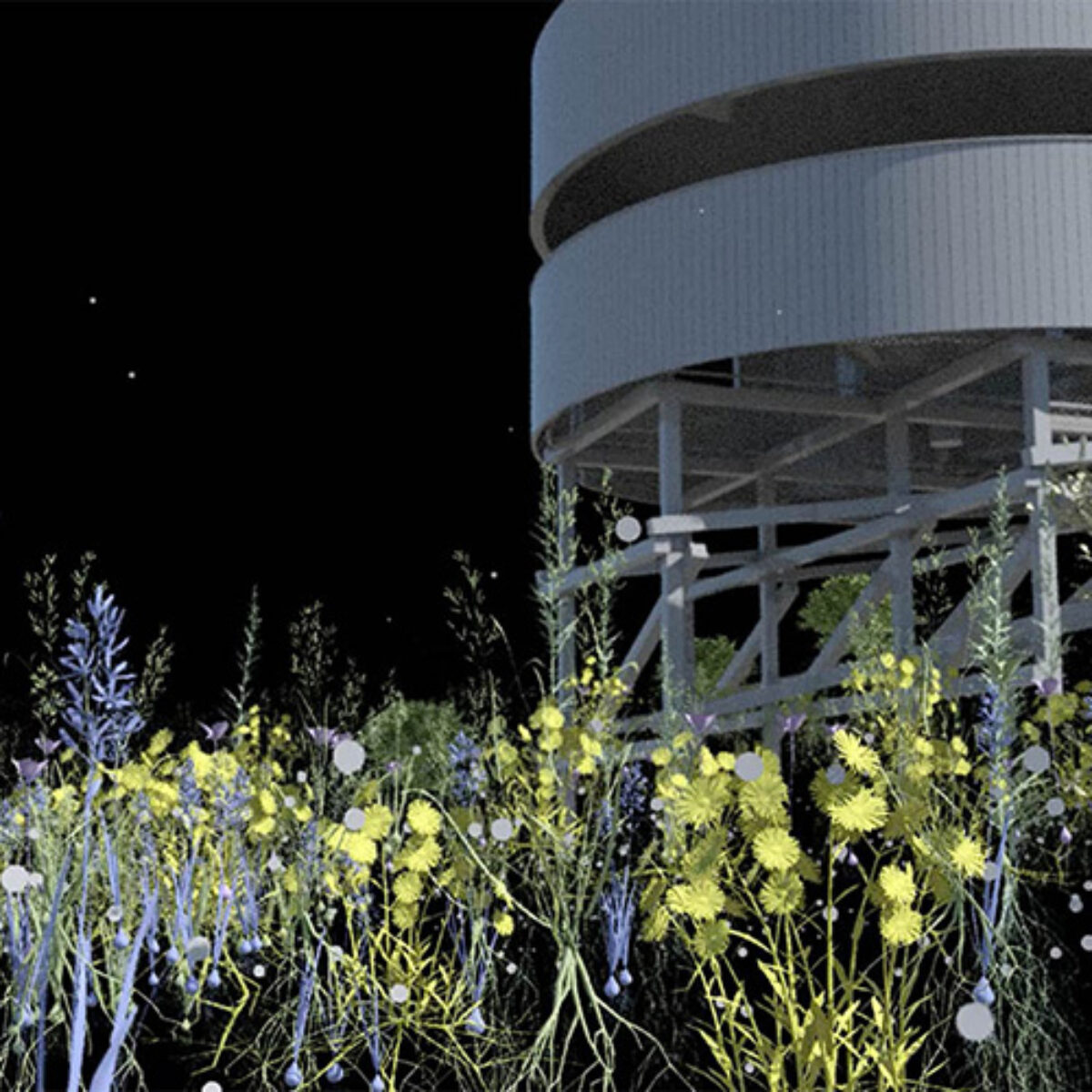 A rendering of a white tower structure in a field of organic growth and flowers.