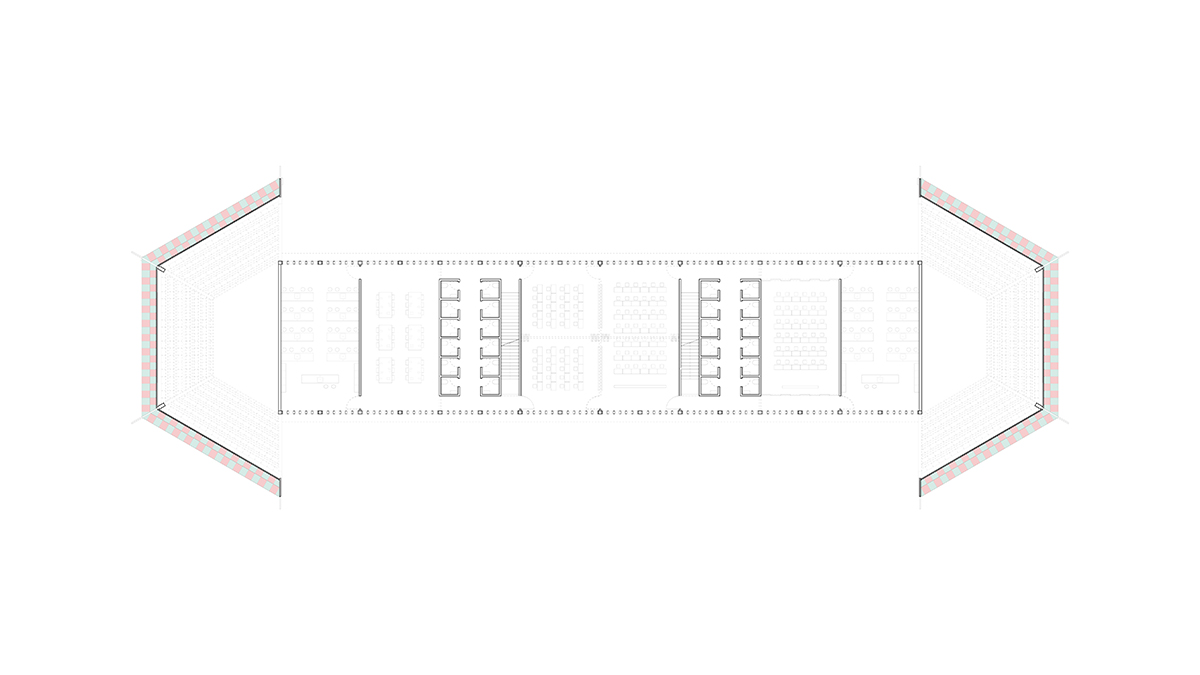 A plan showing the cellular classroom spaces in the thinner bar and the larger spaces on the ends.