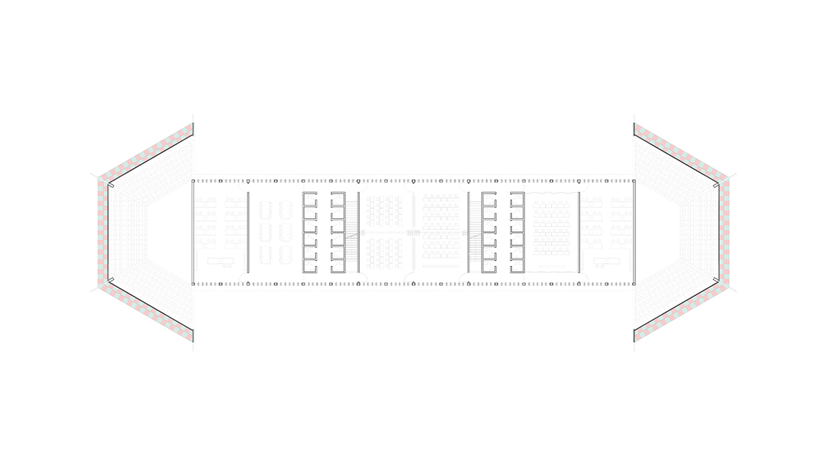 A plan showing the cellular classroom spaces in the thinner bar and the larger spaces on the ends.