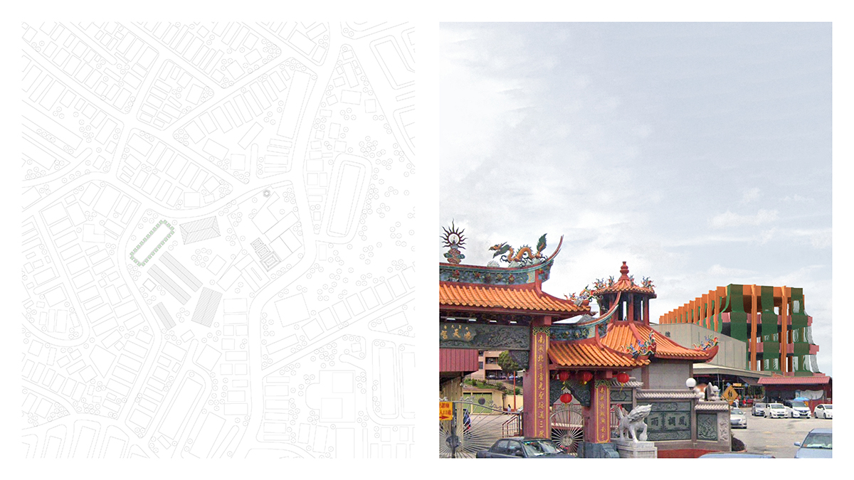 On the left is a site plan showing how the building is sited in a neighborhood in Kuala Lumpur and the right shows the Chinese temple with the school in the background.