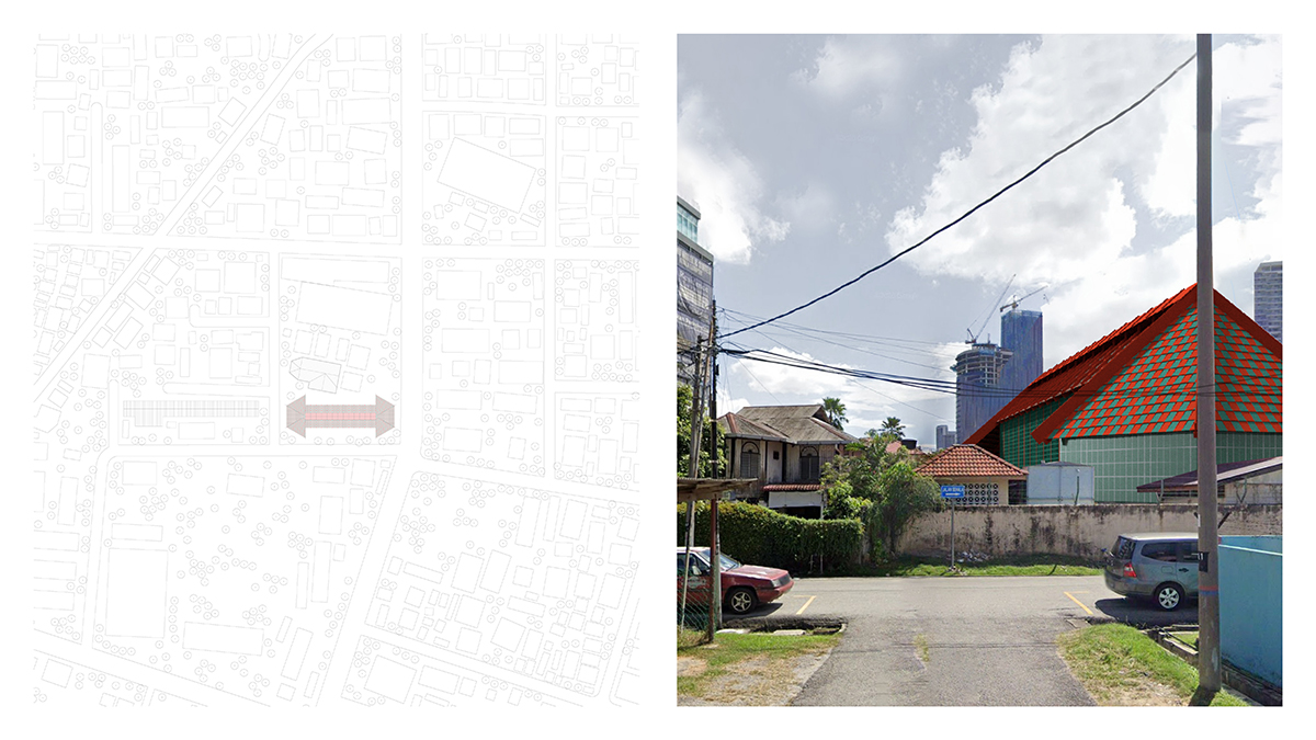 On the left is a site plan showing how the building is sited in a neighborhood in Kuala Lumpur and the right shows the building adjacent to vernacular Malay houses.