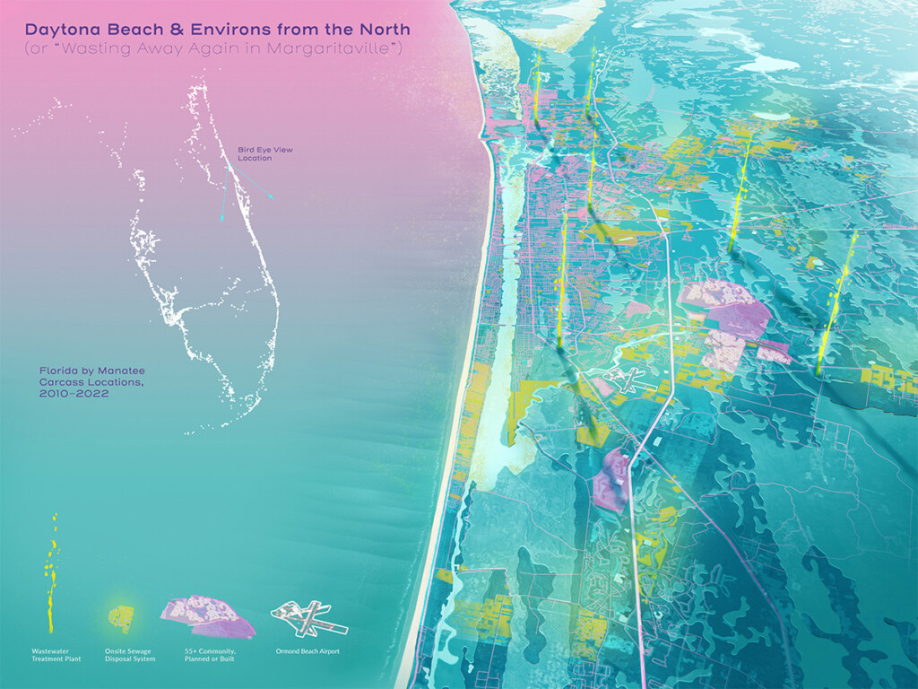 A "birds eye view" map of Daytona Beach in bright colors