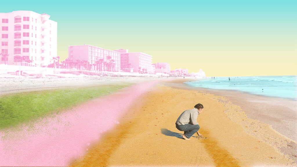 A person kneels on a sandy beach in a colorful artistic rendering.