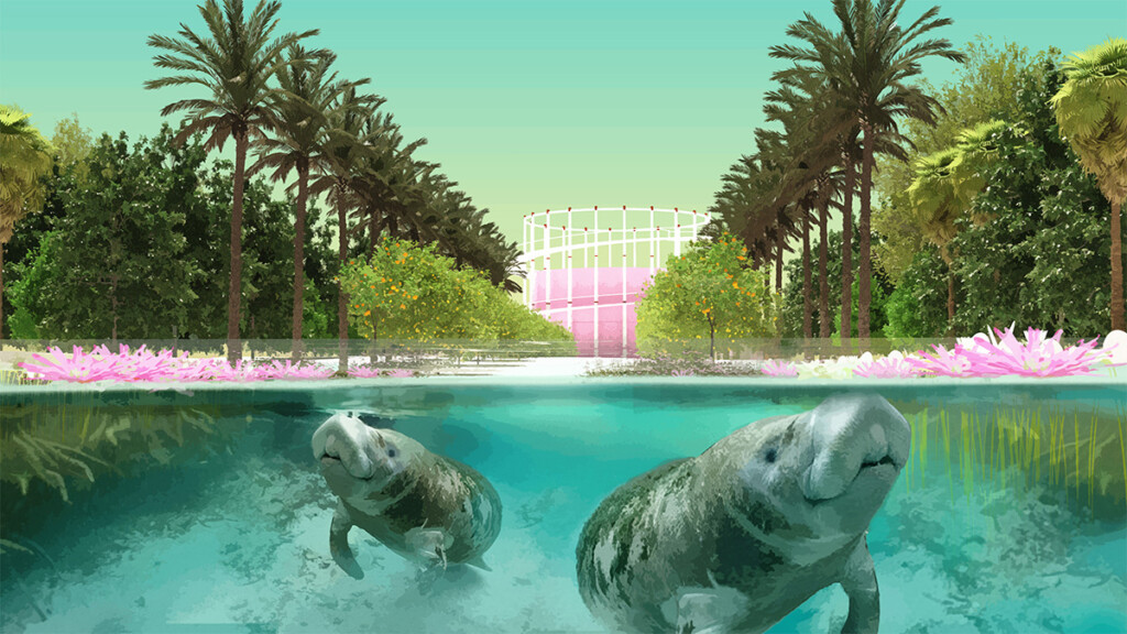 Two manatees hanging out under water in an area filled with trees and a large structure in the background