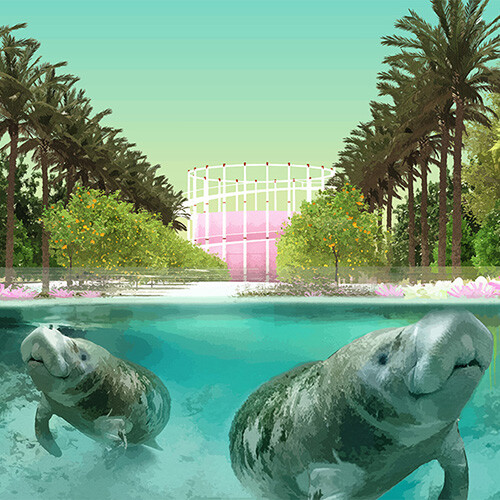A rendering of manatees swimming with a pink structure in the background.