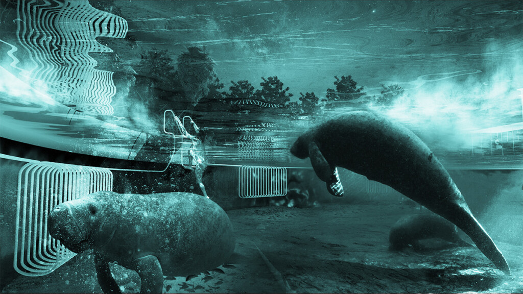 A blue-tinted artistic rendering of manatees swimming