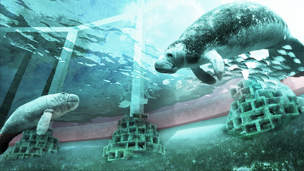 Manatees underwater swimming around various artificial reef structures.
