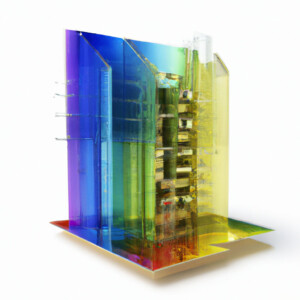 An AI-generated image of a rainbow-colored building.