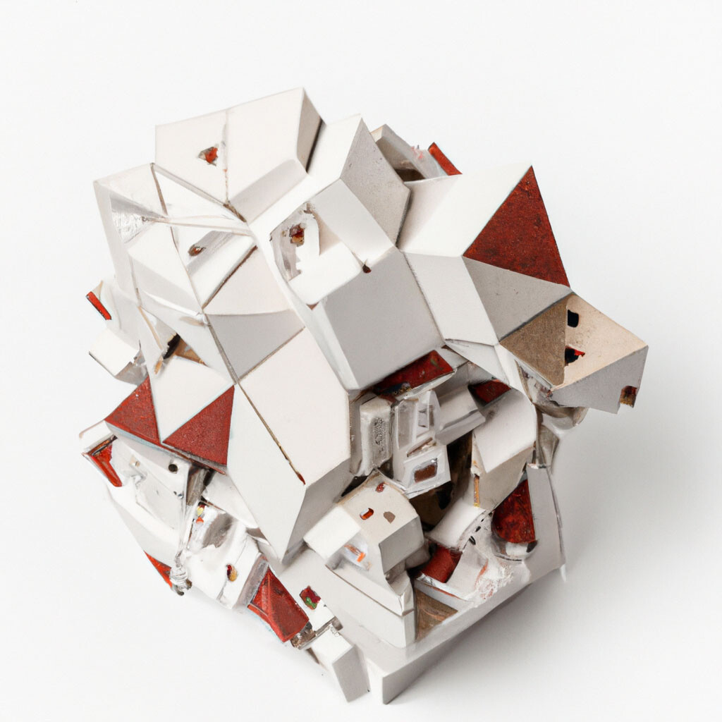 An AI-generated image of a red-and-white structure composed of various geometric volumes that appear crumpled together, producing sharp, angular protrusions.
