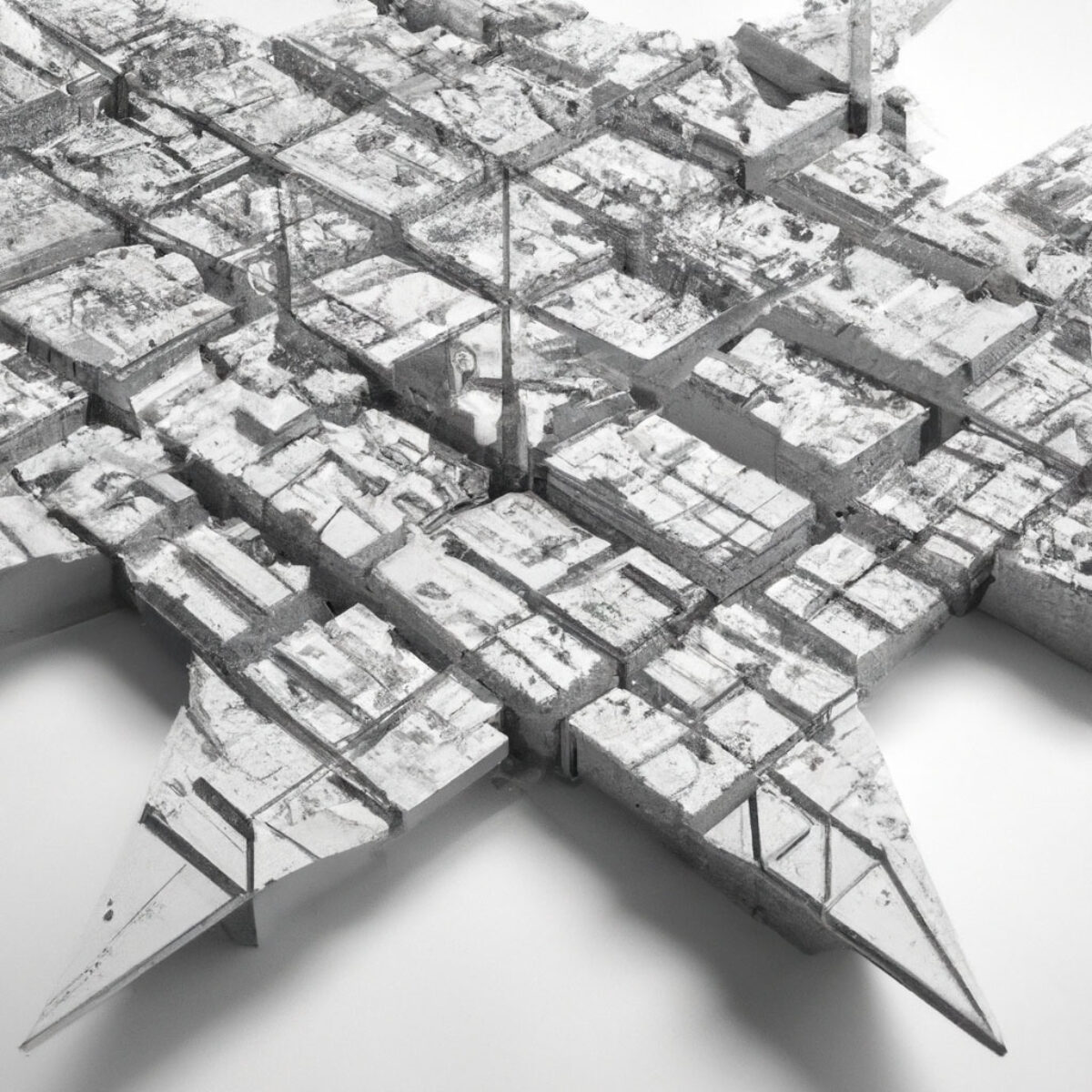 An AI-generated image of what appears to be a cityscape from above with many detailed structures arranged around a complicated geometric plan.
