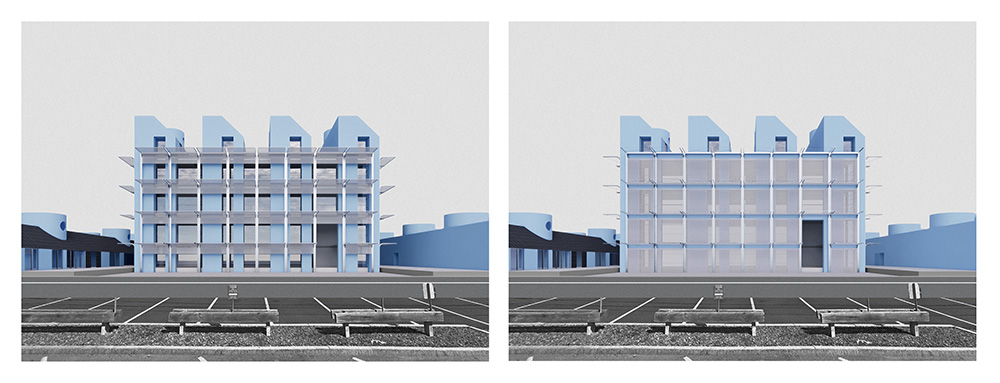 Two digital renderings that show side elevations of a large rectangular building with a parking lot in the foreground.