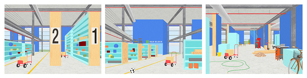 A series of three digital renderings of a large, open building interior featuring hand trucks, shelves, and an assortment of colorful objects.