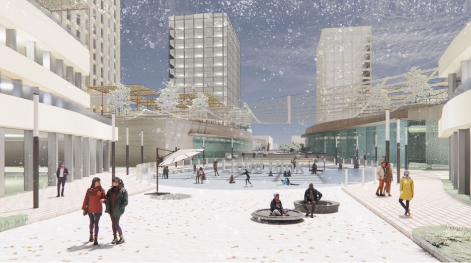 Picture of people interacting on a snowy surface in a city surrounded by buildings