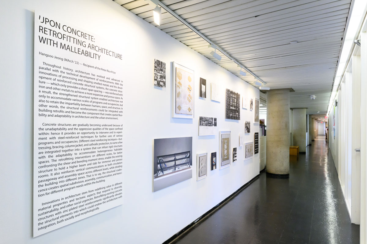 Overview of the exhibition wall with introductory text and an artry of printed drawings and framed collages.
