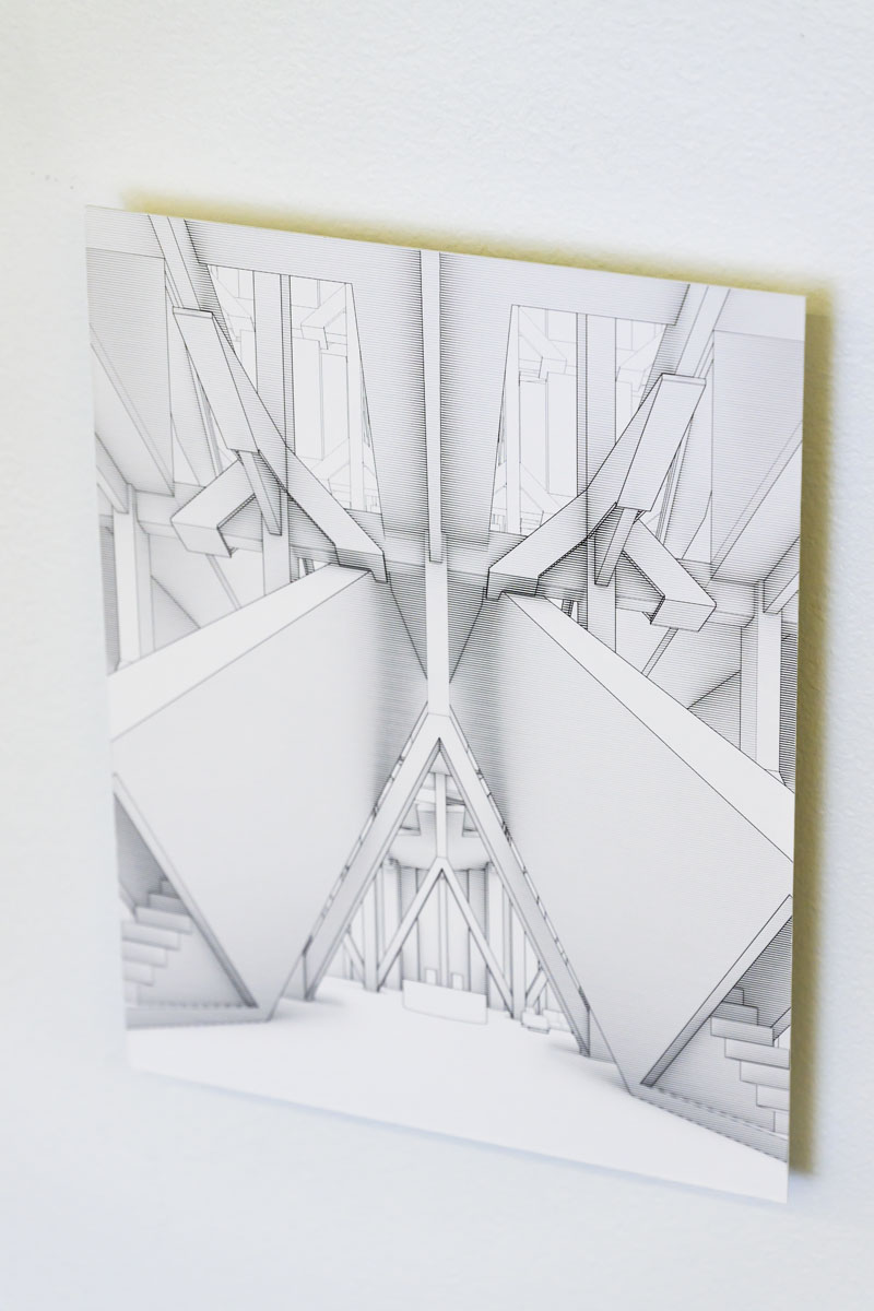 a digital print of a symmetrical abstract architectural drawing.