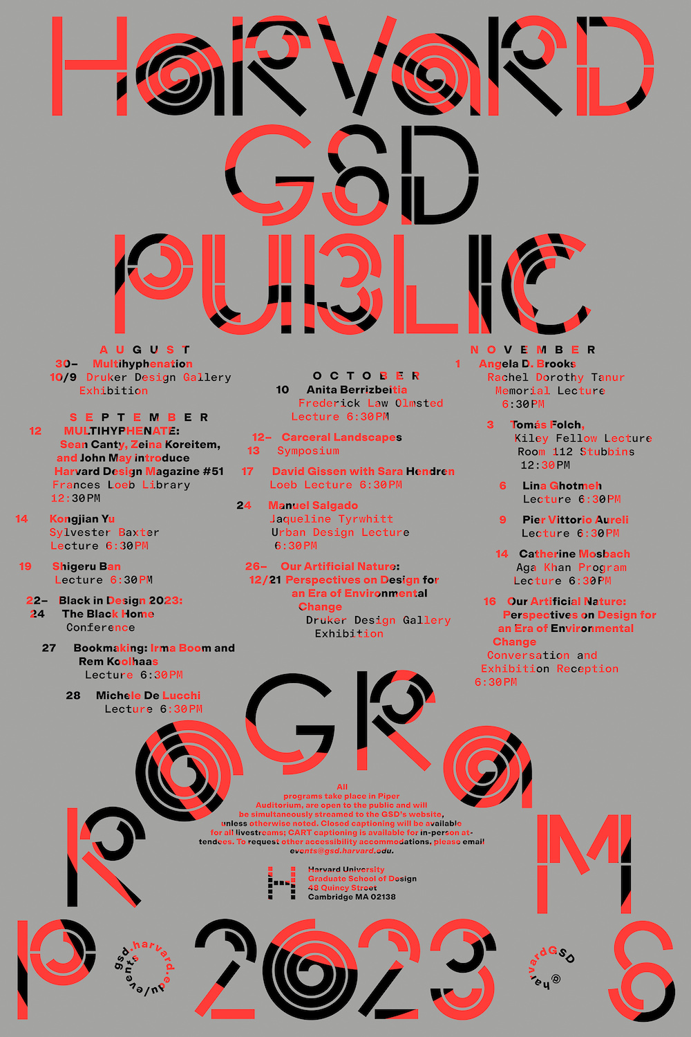 Gray, red, and black GSD Public Programs poster.
