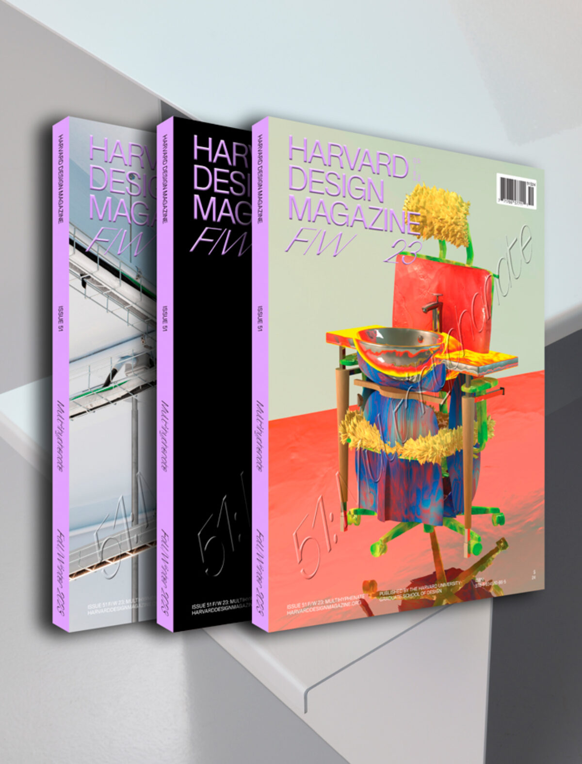 Three covers of Harvard Design Magazine fanned out on top of each other with a grey background
