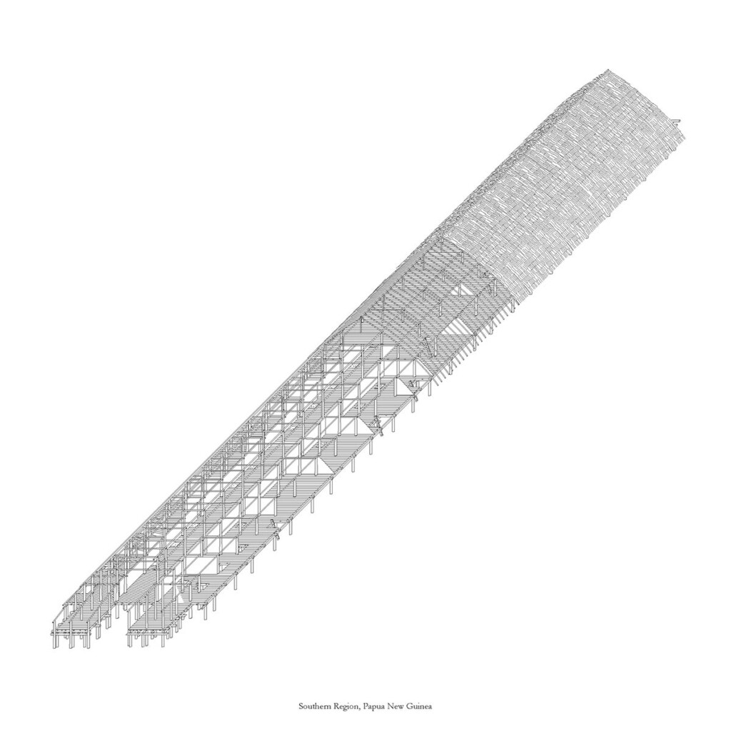 Drawing of a long single-story building with a partial roof.