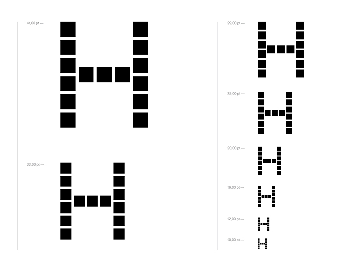 The letter H made of squares shown at various scales. 