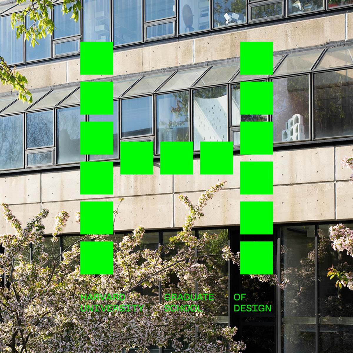 A green H logo for the GSD superimposed over a photograph of the facade of Gund Hall. Text reads Harvard University Graduate School of Design.