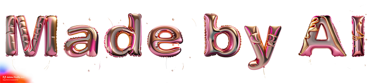A computer-generated image spells the words Made by A I with pink mylar balloons