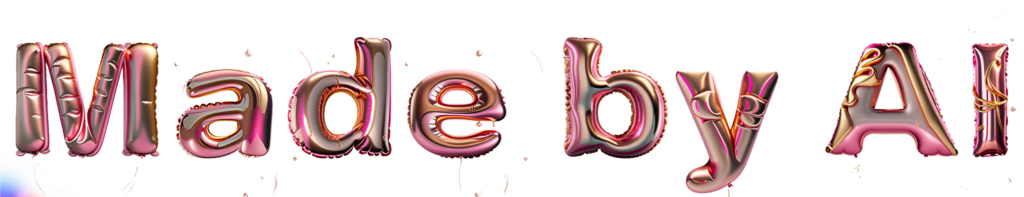 A computer-generated image spells the words Made by A I with pink mylar balloons
